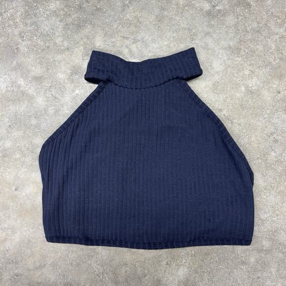 Fp Movement Free People Sm Ribbed Navy Crop Top Sports Bra High Neck Athleisure - Picture 1 of 9